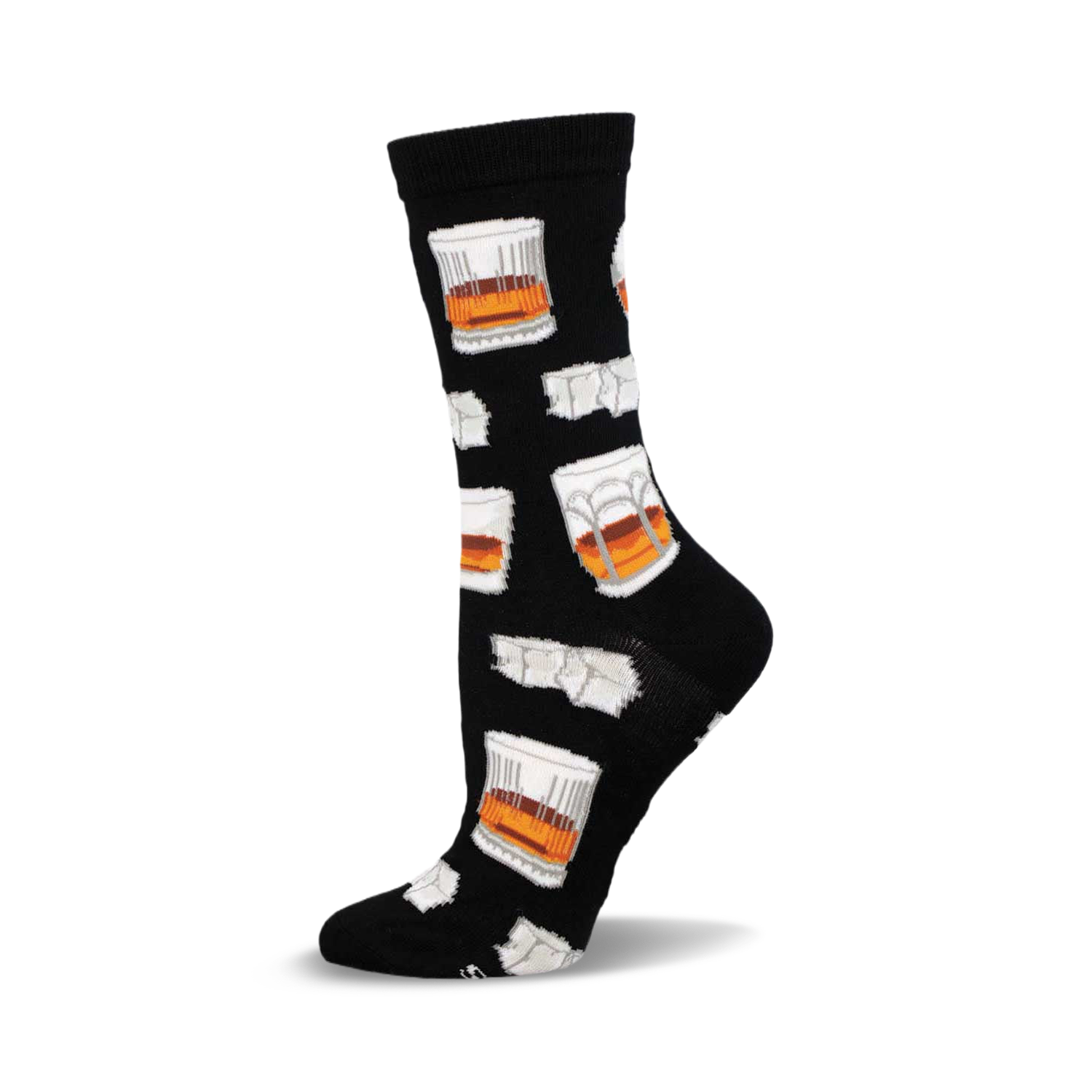 Black crew socks with a repeating pattern of whiskey glasses and ice cubes.  A fun, stylish design.