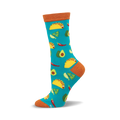 Crew socks in teal with a fun taco-themed design. Features yellow tacos, green avocados, red chilies, and lime wedges.