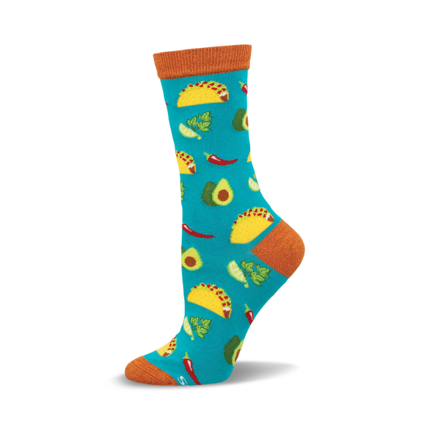 Crew socks in teal with a fun taco-themed design. Features yellow tacos, green avocados, red chilies, and lime wedges.