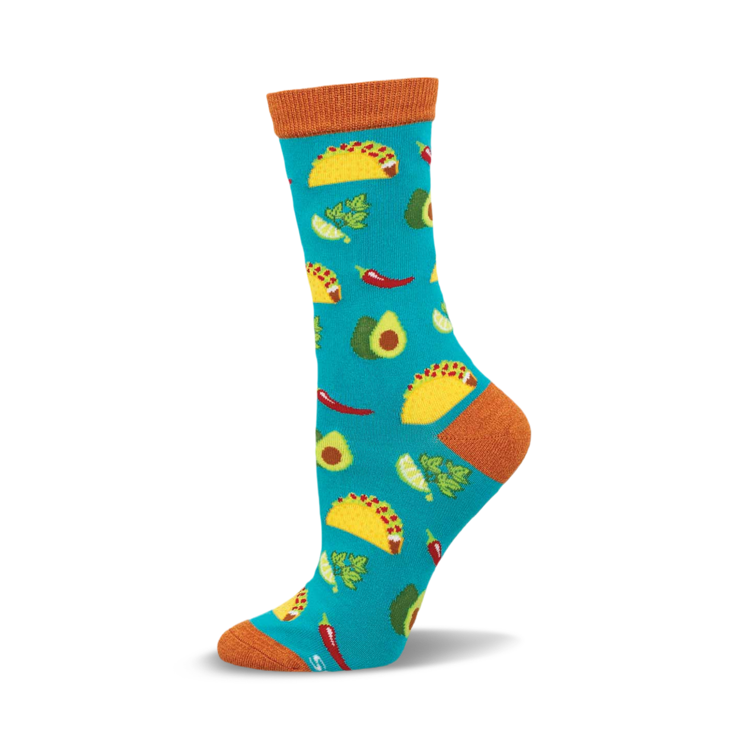 Crew socks in teal with a fun taco-themed design. Features yellow tacos, green avocados, red chilies, and lime wedges.