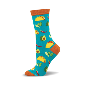 a blue sock with a pattern of yellow tacos, green avocados, and red chili peppers.  the sock is orange at the top.