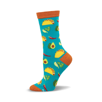 a blue sock with a pattern of yellow tacos, green avocados, and red chili peppers.  the sock is orange at the top.