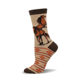 Cream crew socks with brown horses playfully interacting, accented by a Southwestern-style geometric pattern in orange and red.