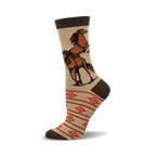 Cream crew socks with brown horses playfully interacting, accented by a Southwestern-style geometric pattern in orange and red.