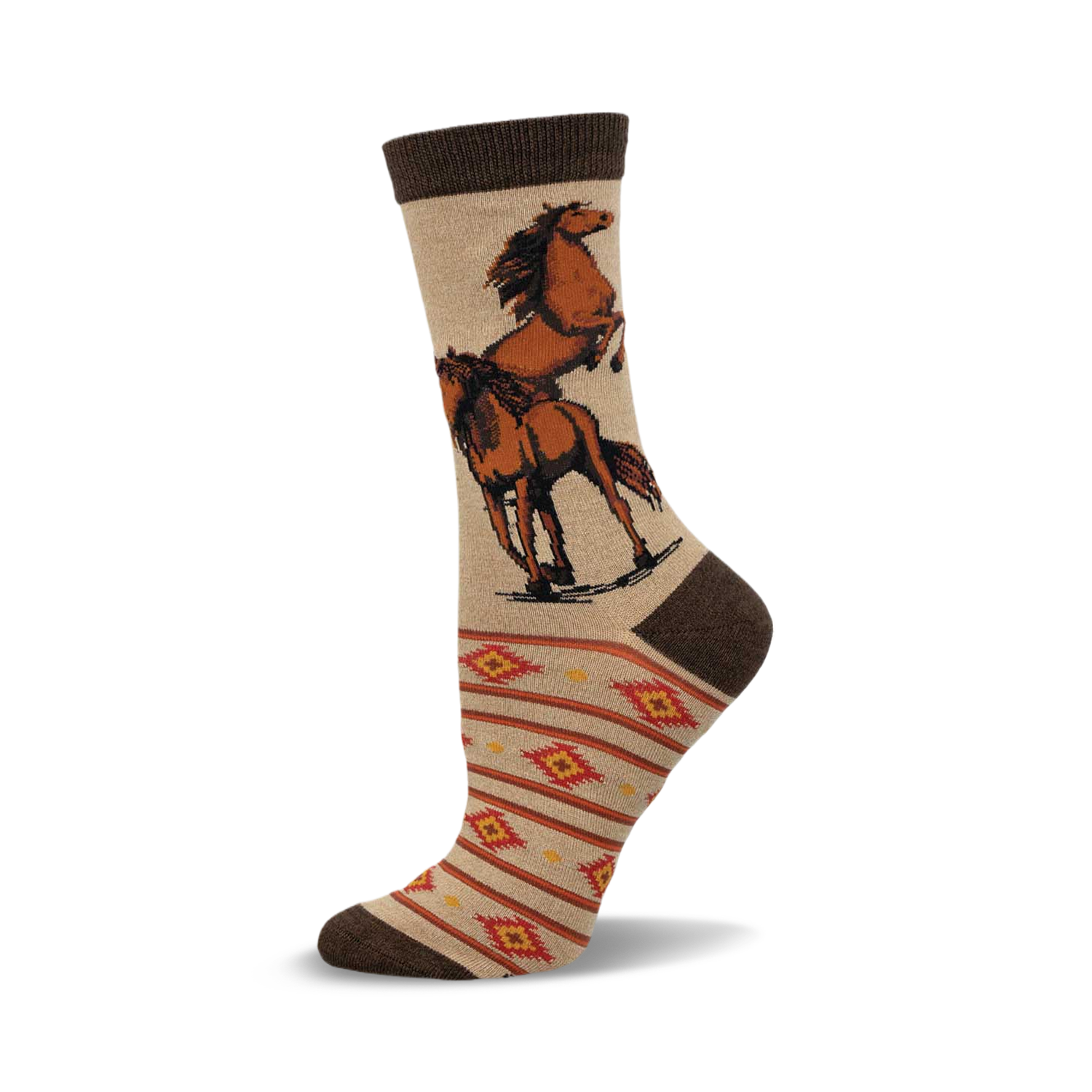 Cream crew socks with brown horses playfully interacting, accented by a Southwestern-style geometric pattern in orange and red.