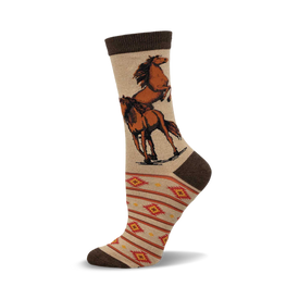 a pair of tan socks with a brown horse design. the socks have a red and yellow geometric pattern at the bottom. the socks are shown on a white background.