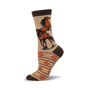 a pair of tan socks with a brown horse design. the socks have a red and yellow geometric pattern at the bottom. the socks are shown on a white background.