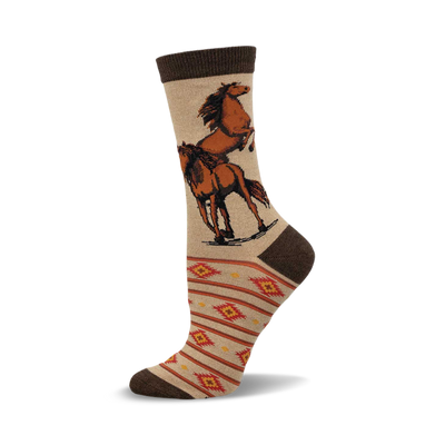 a pair of tan socks with a brown horse design. the socks have a red and yellow geometric pattern at the bottom. the socks are shown on a white background.