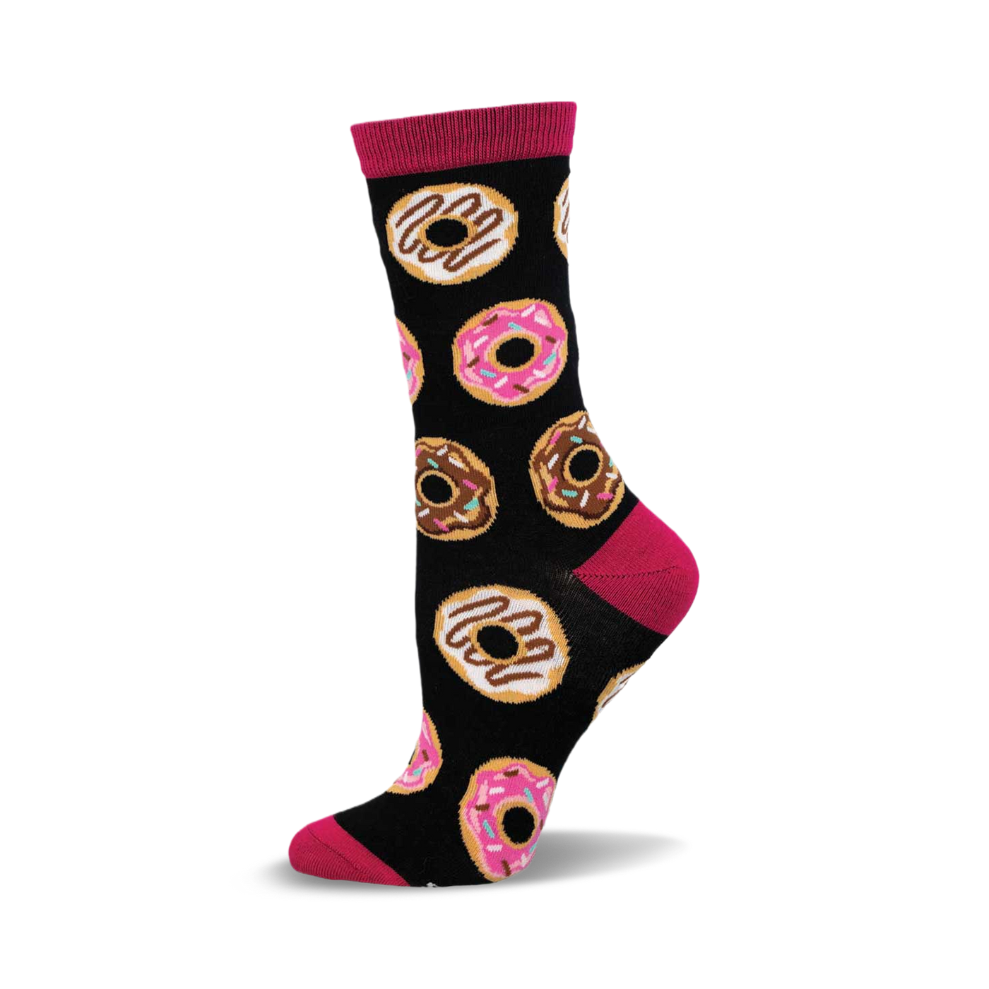 A black crew sock with pink and brown donut designs. The sock has a fuchsia cuff and is made of bamboo.