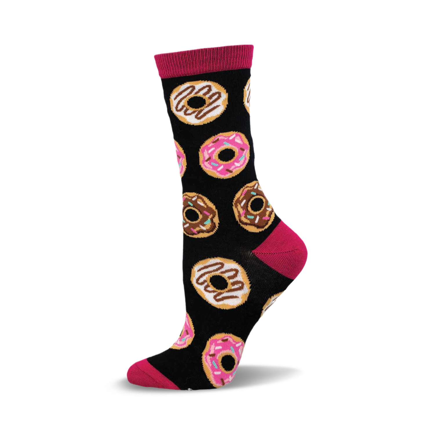 A black crew sock with pink and brown donut designs. The sock has a fuchsia cuff and is made of bamboo.