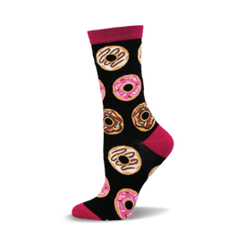 a black sock with pink, brown, and white donuts printed on it. the sock has a pink top.