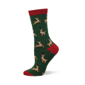 Green sock with red cuff, heel, and toe. Features a pattern of brown leaping reindeer with red collars.