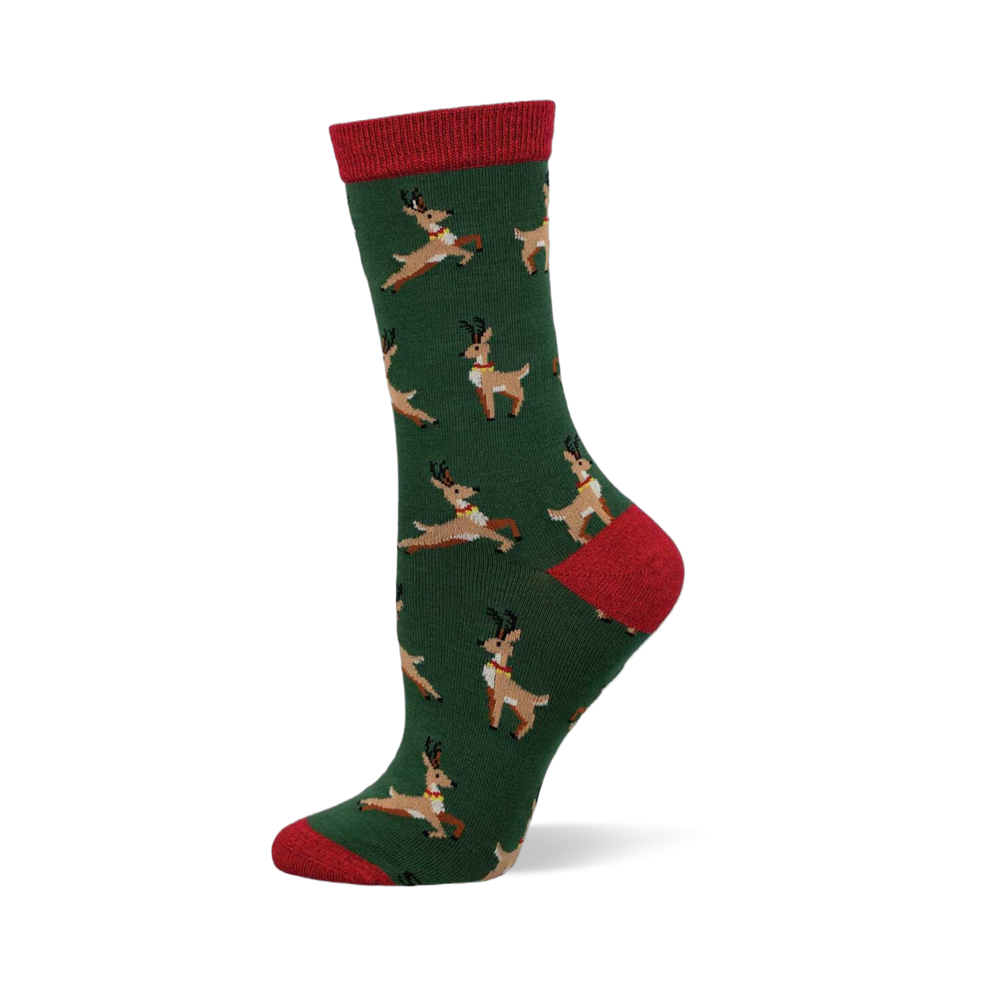 Green sock with red cuff, heel, and toe. Features a pattern of brown leaping reindeer with red collars.
