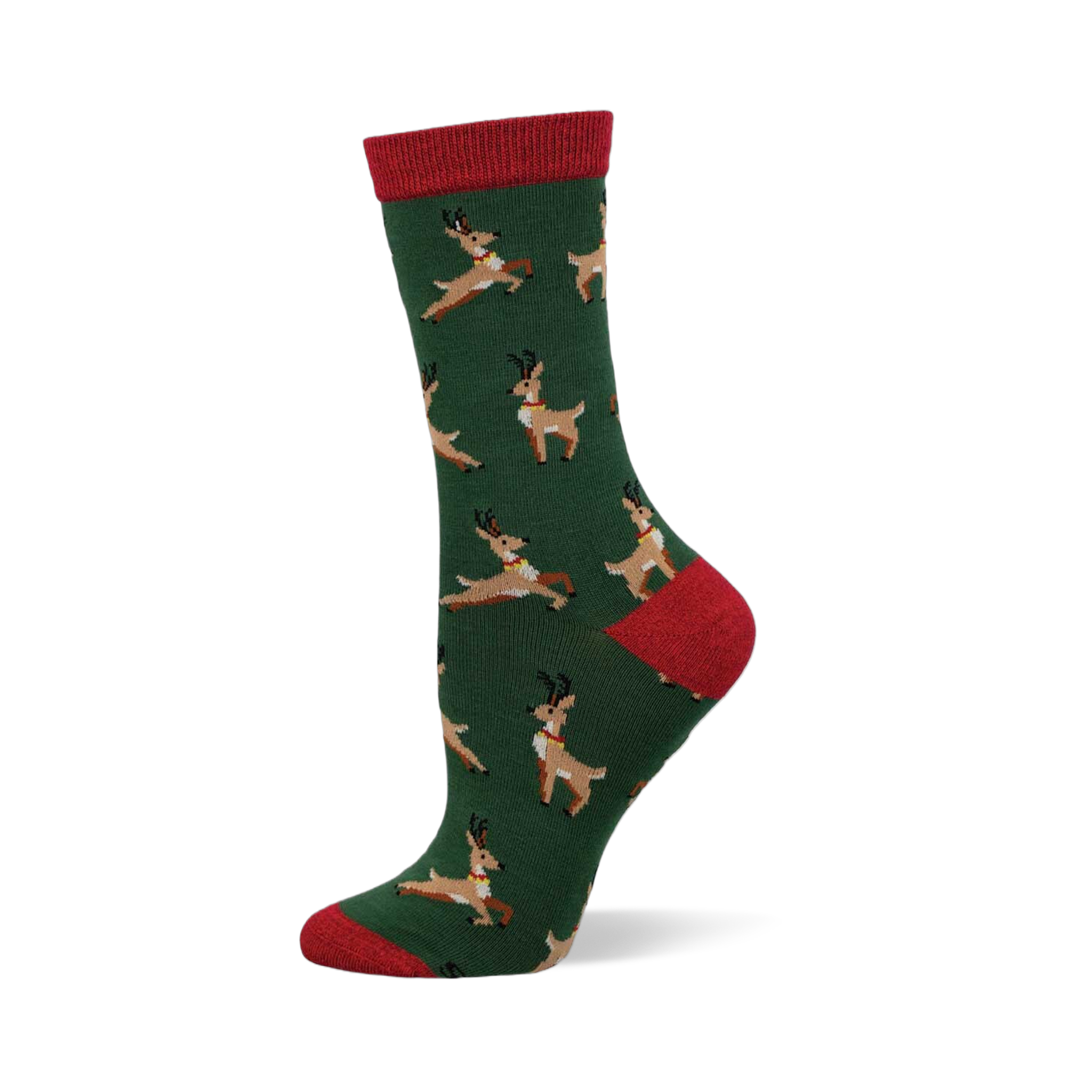 Green sock with red cuff, heel, and toe. Features a pattern of brown leaping reindeer with red collars.