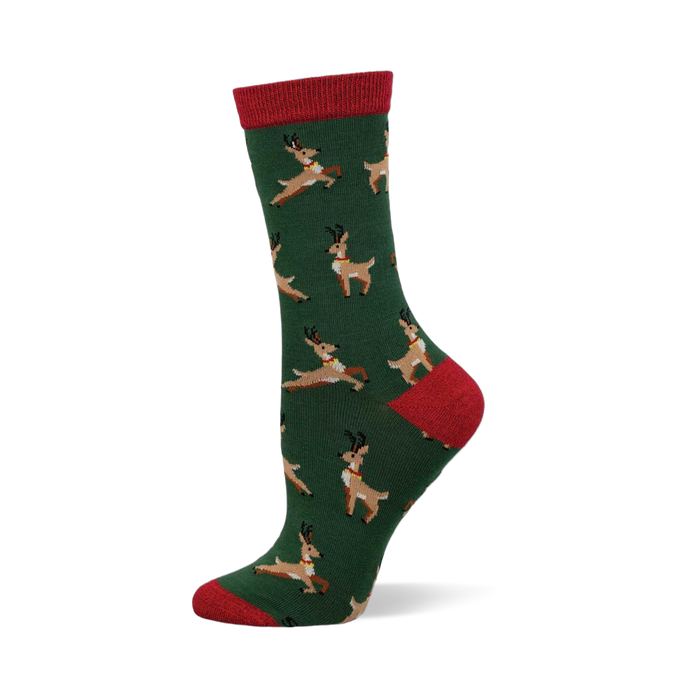 Green sock with red cuff, heel, and toe. Features a pattern of brown leaping reindeer with red collars. }}