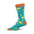 Teal crew socks with a fun pattern of tacos, avocados, chili peppers, and cilantro. Orange cuff.