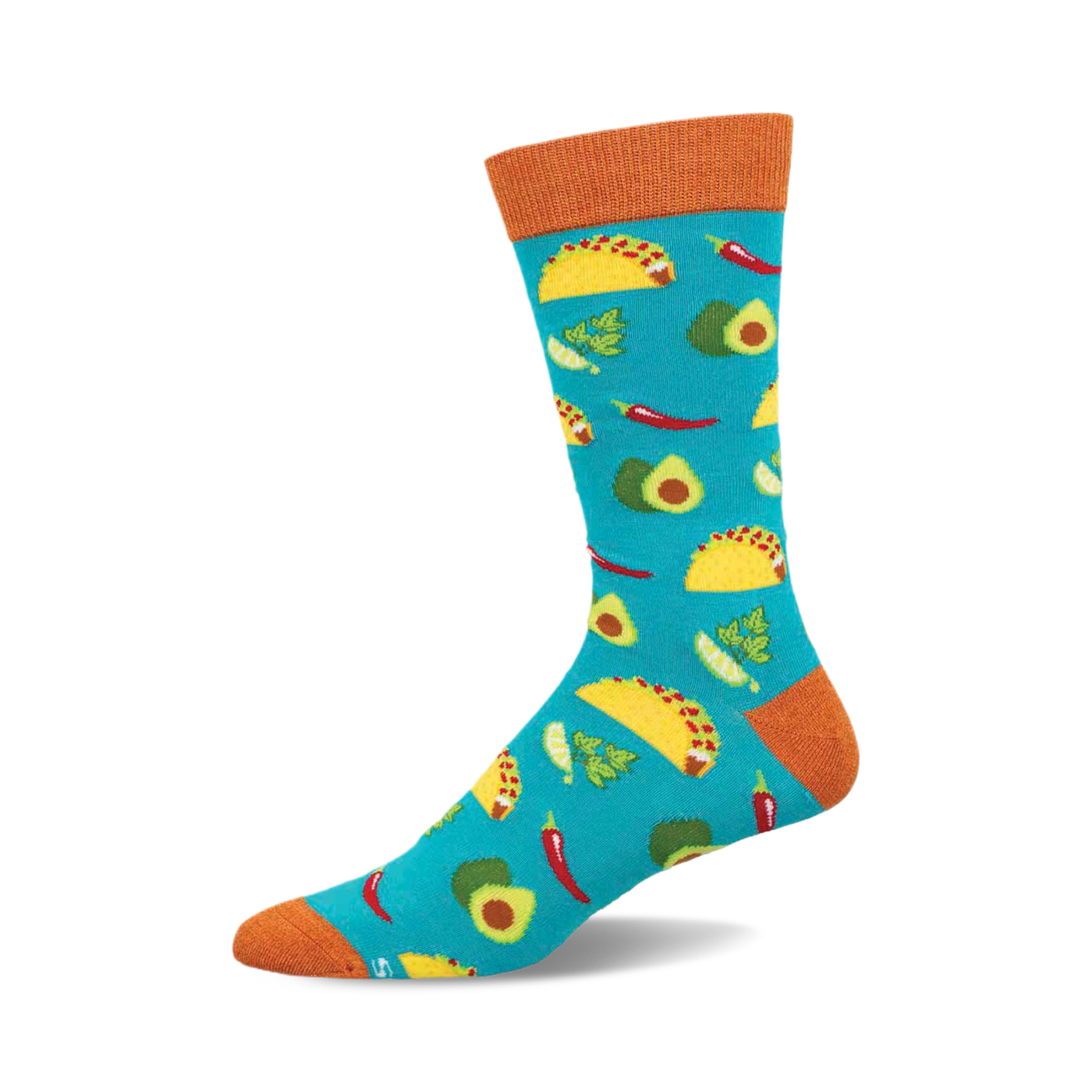 Teal crew socks with a fun pattern of tacos, avocados, chili peppers, and cilantro. Orange cuff.