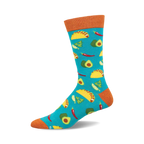 Teal crew socks with a fun pattern of tacos, avocados, chili peppers, and cilantro. Orange cuff.