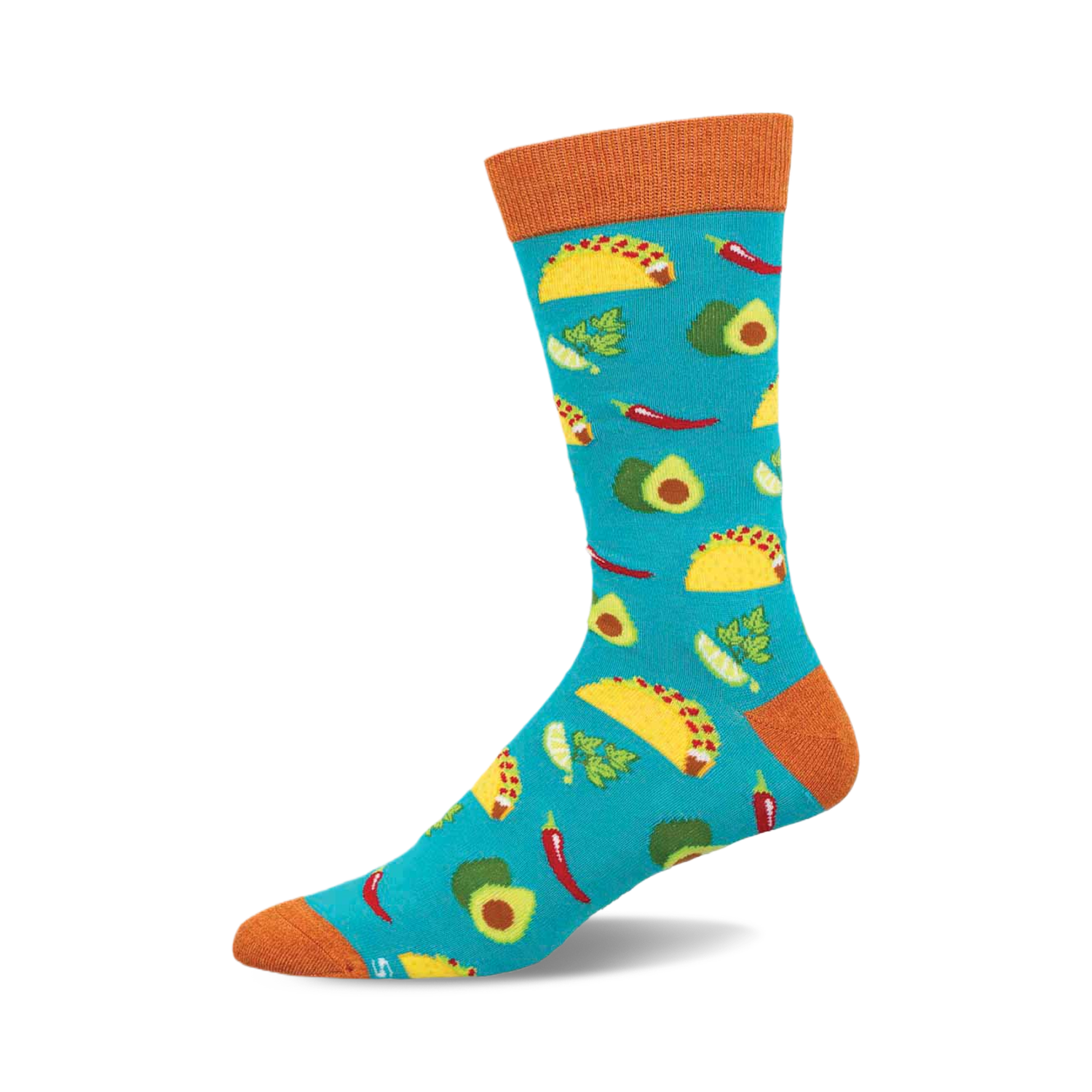 Teal crew socks with a fun pattern of tacos, avocados, chili peppers, and cilantro. Orange cuff.