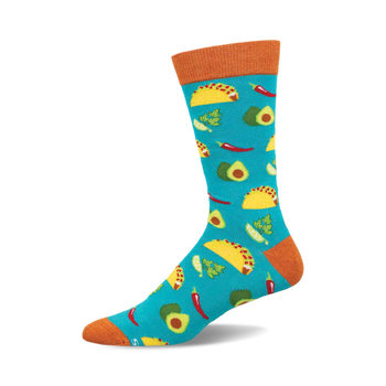 a blue sock with an orange cuff featuring a pattern of yellow tacos, green avocados, and red chili peppers.