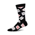 Black crew socks with a playful pattern of white playing cards in red and black suits.