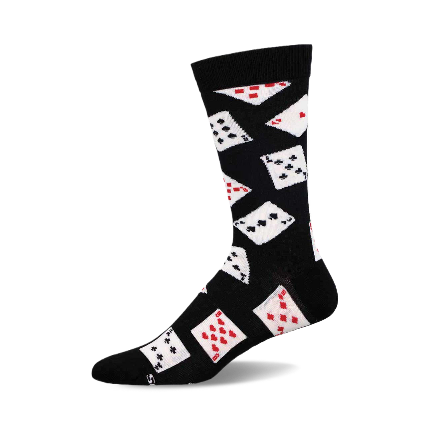 Black crew socks with a playful pattern of white playing cards in red and black suits.