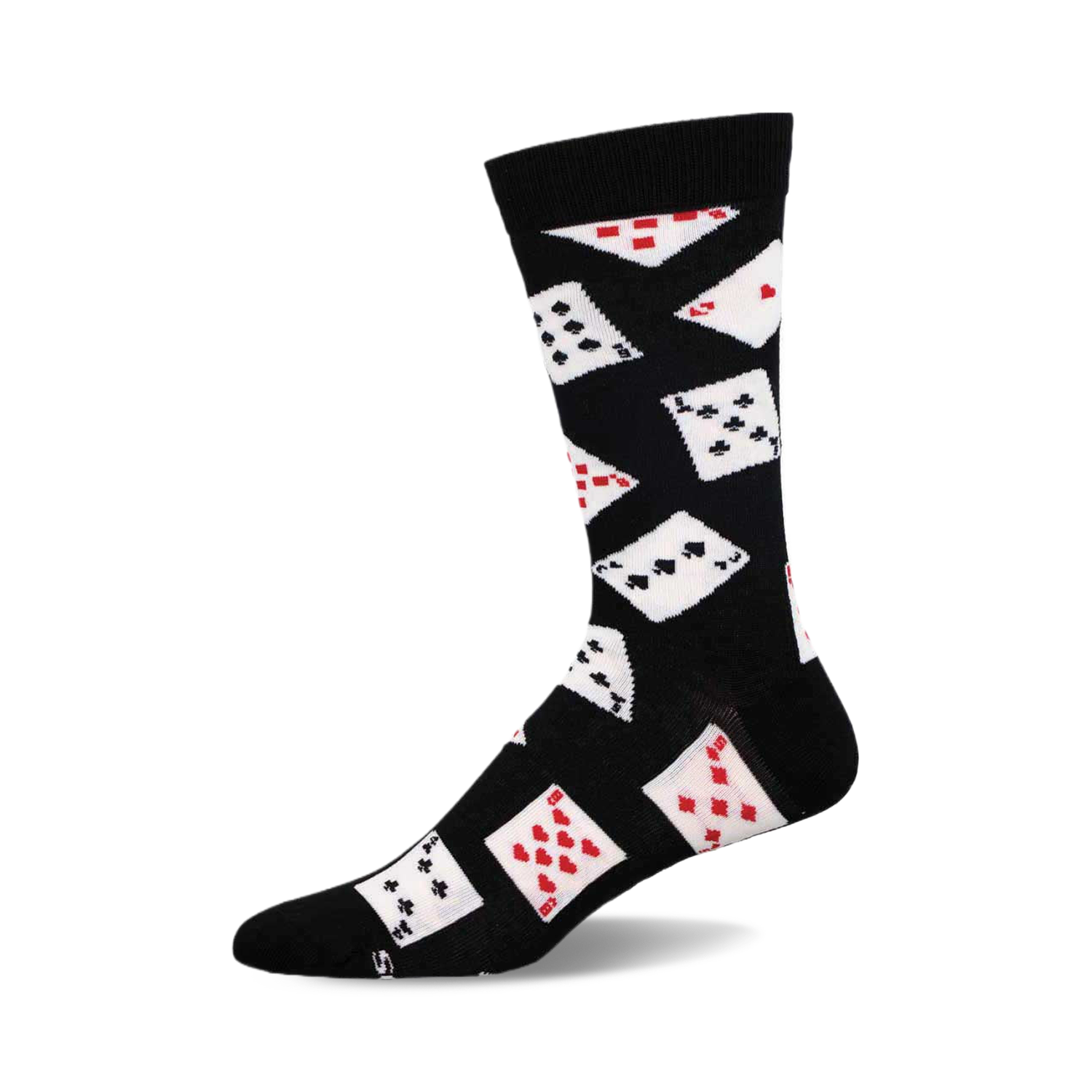 Black crew socks with a playful pattern of white playing cards in red and black suits.