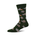 Crew socks in olive green featuring a repeating pattern of raccoons raiding trash cans.  The design is playful and detailed.