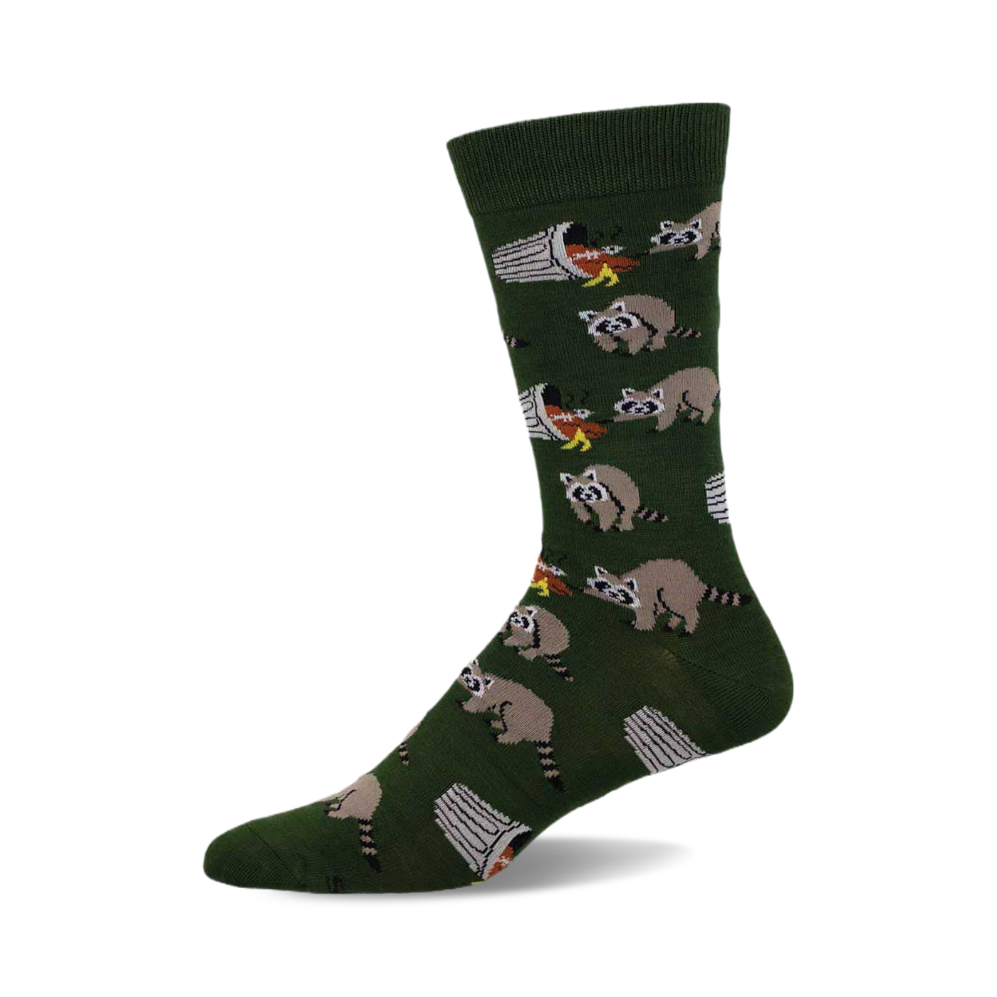 Crew socks in olive green featuring a repeating pattern of raccoons raiding trash cans.  The design is playful and detailed.