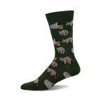 Crew socks in olive green featuring a repeating pattern of raccoons raiding trash cans.  The design is playful and detailed.