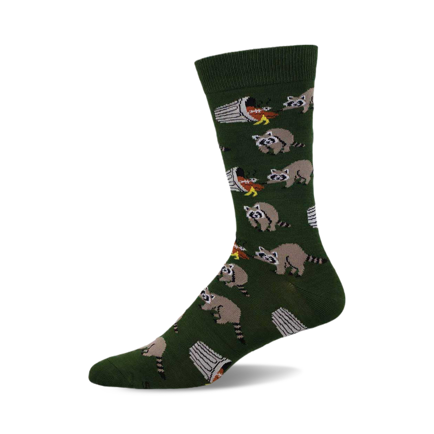 Crew socks in olive green featuring a repeating pattern of raccoons raiding trash cans.  The design is playful and detailed.