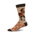 Tan crew socks with a whimsical image of two brown horses and a southwestern-inspired pattern at the bottom. Brown cuff.