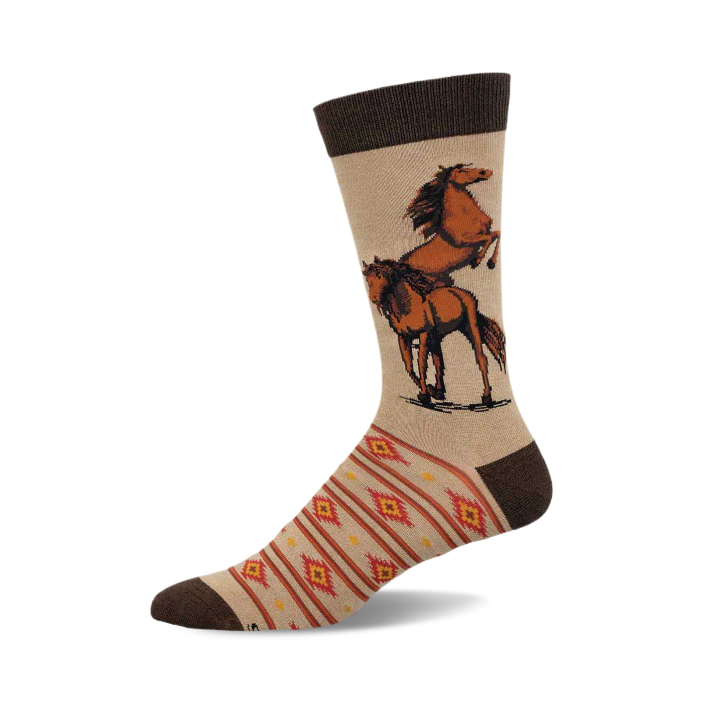 Tan crew socks with a whimsical image of two brown horses and a southwestern-inspired pattern at the bottom. Brown cuff.