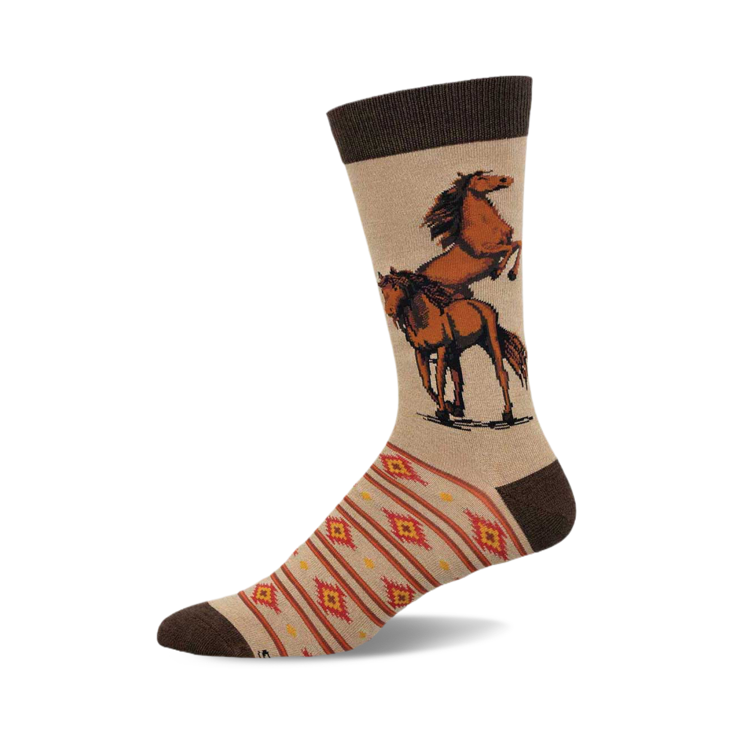 Tan crew socks with a whimsical image of two brown horses and a southwestern-inspired pattern at the bottom. Brown cuff.
