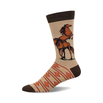 a tan sock with a brown top. the sock has a design of two brown horses on the front. one horse is standing on its hind legs and the other is standing on all fours. the sock also has a brown and orange geometric pattern on the bottom.