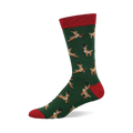 Dark green "Leaping Reindeer" sock with a pattern of brown reindeer wearing bells, red cuff, heel, and toe.