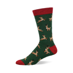 Dark green "Leaping Reindeer" sock with a pattern of brown reindeer wearing bells, red cuff, heel, and toe.