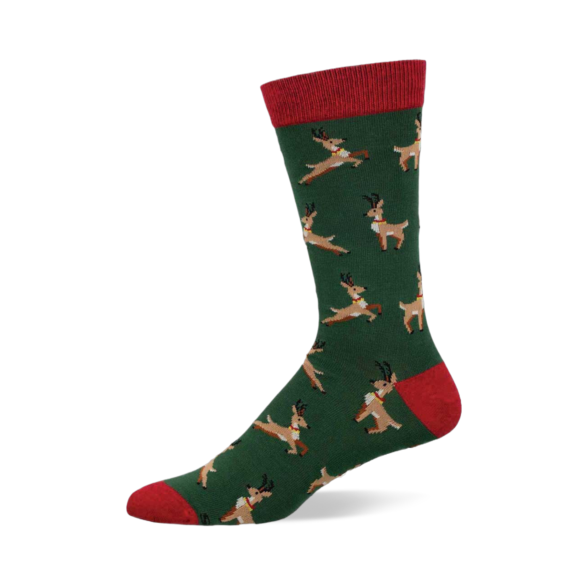 Dark green "Leaping Reindeer" sock with a pattern of brown reindeer wearing bells, red cuff, heel, and toe.