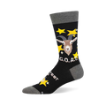Black crew socks with grey cuffs, heels, and toes, featuring a brown goat head, yellow stars, and "G.O.A.T." text.