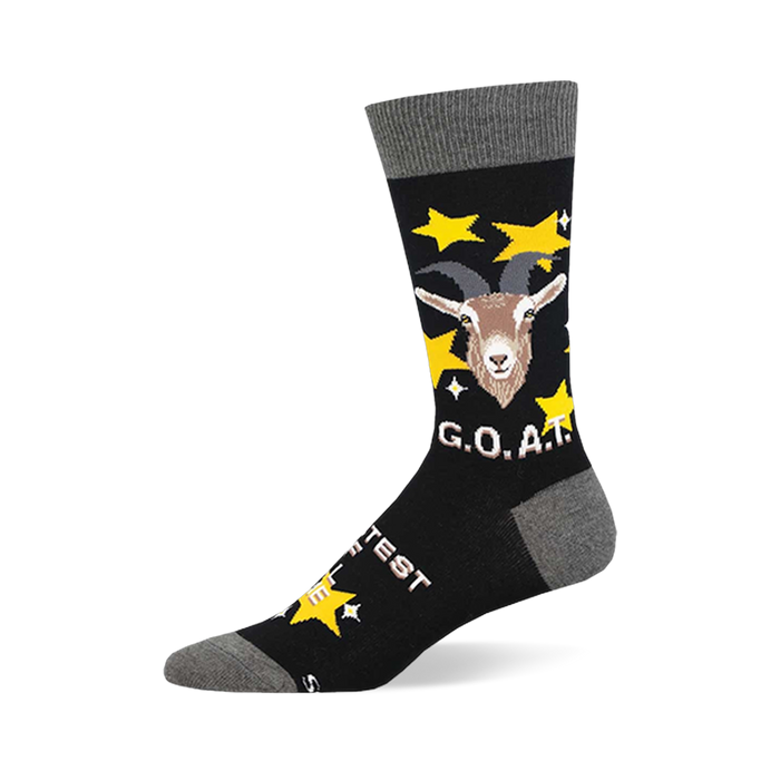 Black crew socks with grey cuffs, heels, and toes, featuring a brown goat head, yellow stars, and 