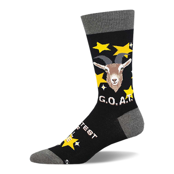 Black crew socks with grey cuffs, heels, and toes, featuring a brown goat head, yellow stars, and "G.O.A.T." text.