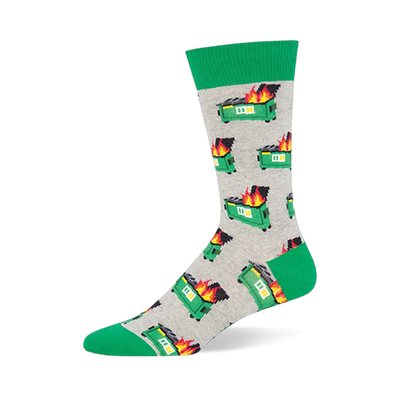 Crew sock with a pattern of green burning dumpsters on a light grey background, featuring a bright green cuff, heel, and toe.