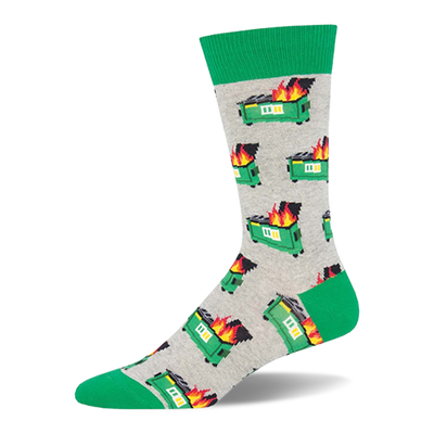 Crew sock with a pattern of green burning dumpsters on a light grey background, featuring a bright green cuff, heel, and toe.