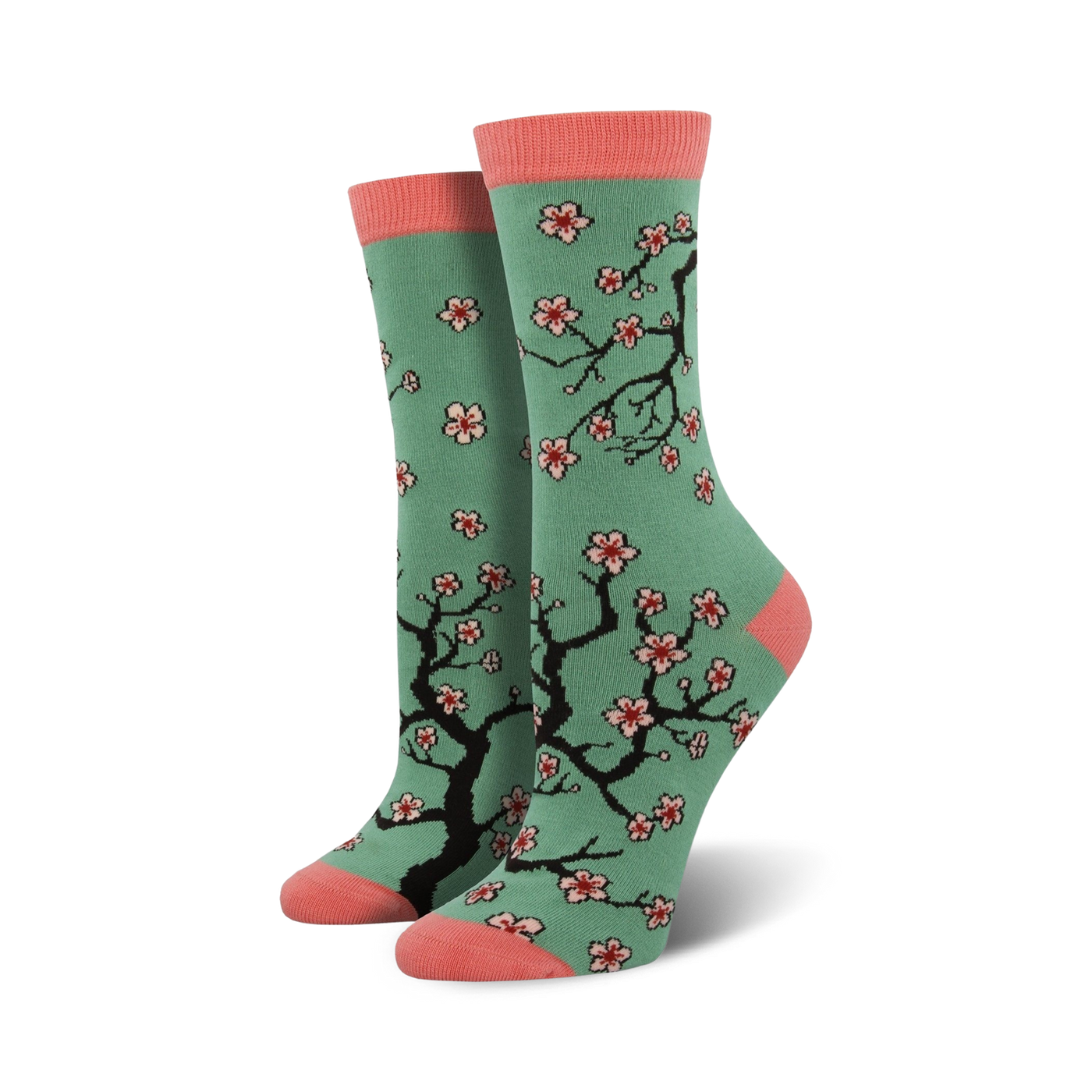 Crew socks in teal with a pink toe and heel.  Features a repeating pattern of black cherry blossom branches and pink flowers.