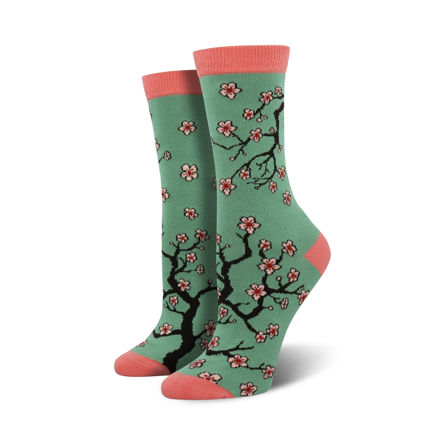 Crew socks in teal with a pink toe and heel.  Features a repeating pattern of black cherry blossom branches and pink flowers.