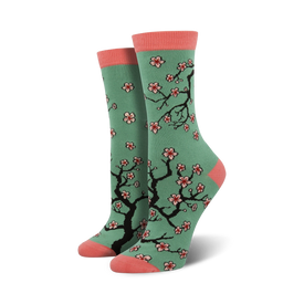 light green bamboo cherry blossom crew socks. features pink toes, heels, and cuffs. cute botanical cherry blossom design with pink and white blossoms. for women.  