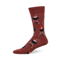 A single crew sock in reddish-brown covered in a pattern of black BBQ grills. Some grills show meat cooking; others have flames.