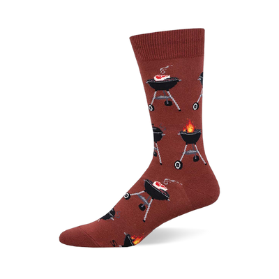 A single crew sock in reddish-brown covered in a pattern of black BBQ grills. Some grills show meat cooking; others have flames.