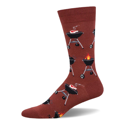A single crew sock in reddish-brown covered in a pattern of black BBQ grills. Some grills show meat cooking; others have flames.