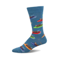 Crew socks in blue featuring otters riding colorful surfboards.  The otters are brown and the surfboards are red, green, orange, and blue.
